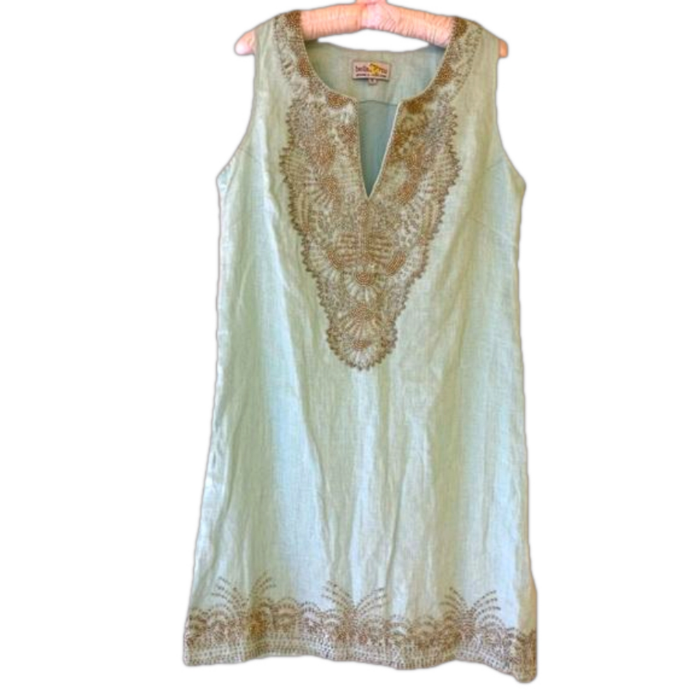 Bella Tu Jeanne D’ Gopi Vaid Linen Beaded Dress 6 Mint Blue Sleeveless India - Picture 5 of 14